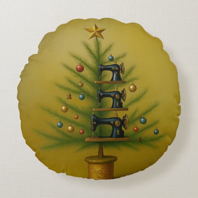 Almofada Redonda Sewing machine Christmas tree Happy Crafty Xmas (Frente)