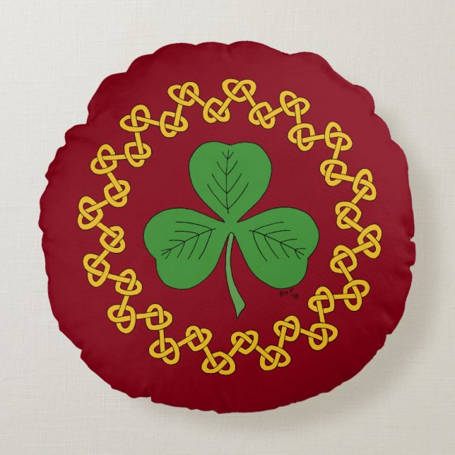 Almofada Redonda Shamrock and Knotwork on Red (Frente)