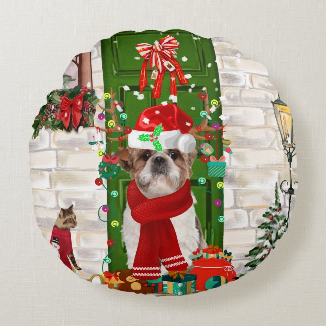 Almofada Redonda Shih Tzu Dog Natal (Frente)