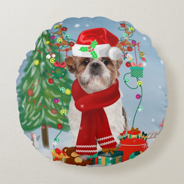 Almofada Redonda Shih Tzu Dog no Natal da Neve (Frente)