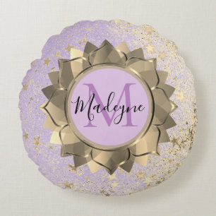 Almofada Redonda Shimmery Stars Dourado Lotus Mandala Monograma