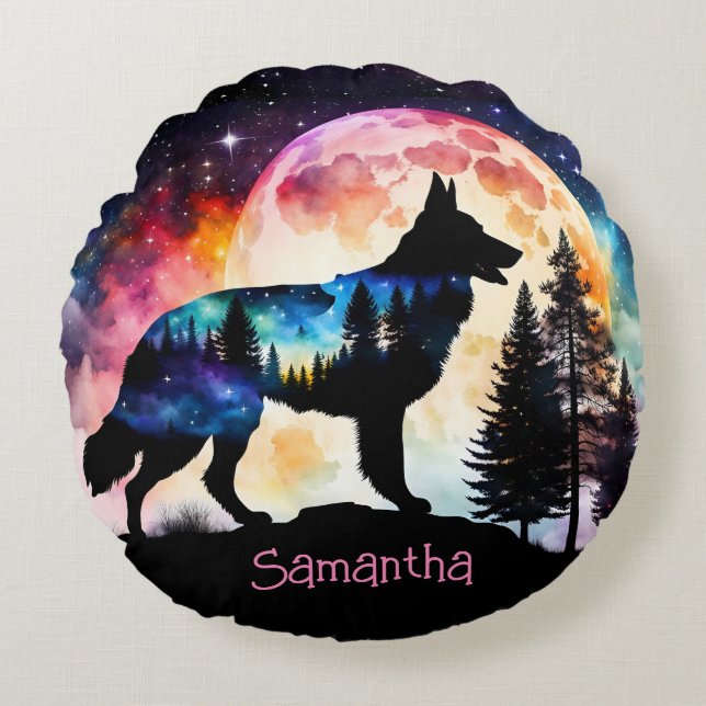 Almofada Redonda Silhueta Colorida de German shepherd *Personalize* (Frente)