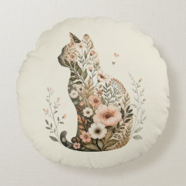 Almofada Redonda Silhueta de Gato Floral Boho Flor Silvestre