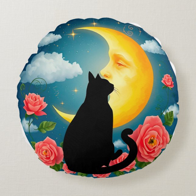 Almofada Redonda Silhueta de gato sentado diante da lua (Frente)