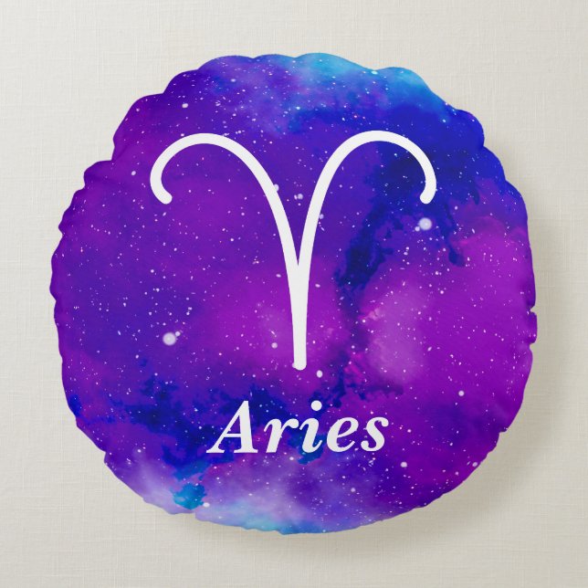 Almofada Redonda Símbolo Aries Purple Blue Space Nebula (Frente)