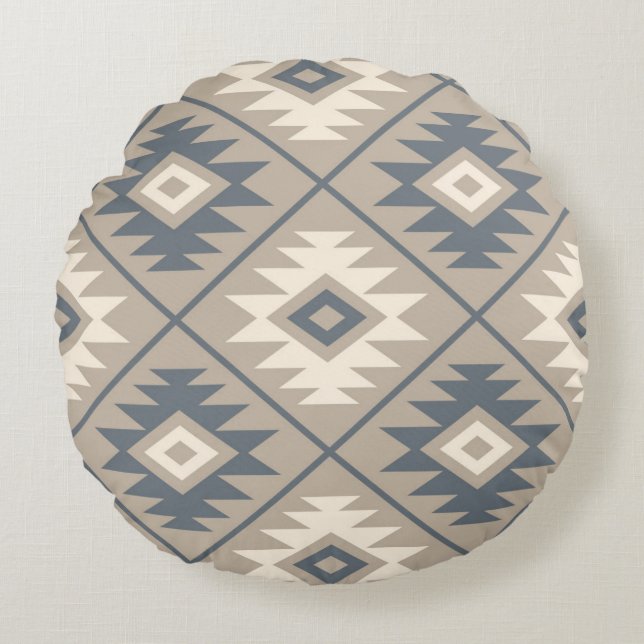 Almofada Redonda Símbolo Aztec Símbolo Estilizado Lg Ptn Blue Cream (Frente)