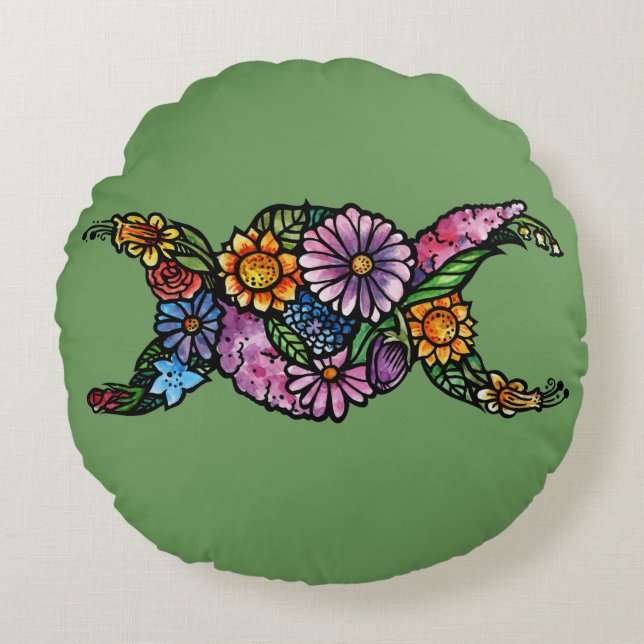 Almofada Redonda Símbolo de Lua Tripla Flor Abençoado (Frente)