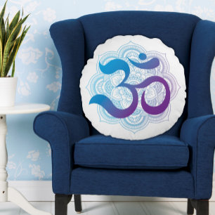Almofada Redonda Símbolo de Om Puro e Azul Mandala Flor Branco