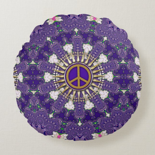 Almofada Redonda Símbolo de Paz Roxo e Dourado Mandala (Frente)