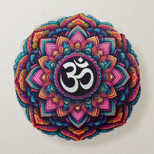 Almofada Redonda Símbolo Hindu Om num design de mandala colorido