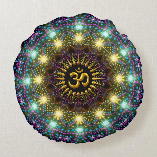Almofada Redonda Símbolo Om Mandala Luz de Cura (Verso)