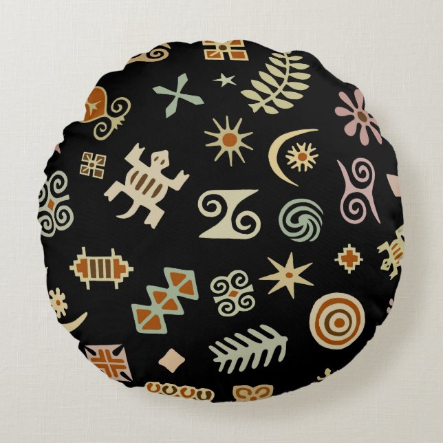 Almofada Redonda Símbolos Africanos Adinkra (Frente)