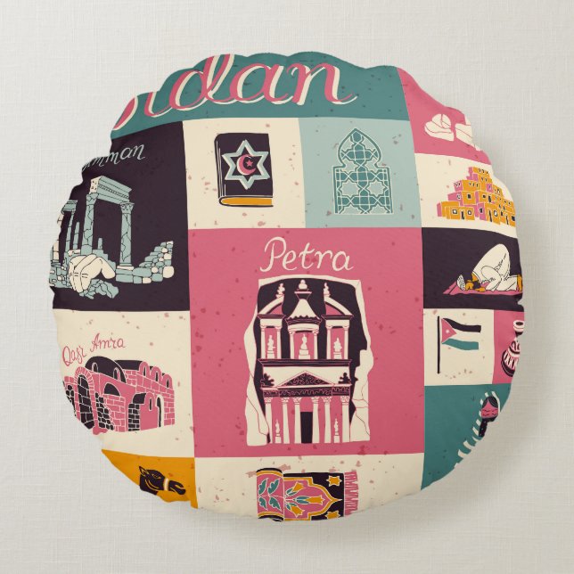 Almofada Redonda Símbolos Ilustrados Retro-Cultura Da Jordânia (Frente)
