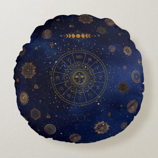Almofada Redonda Símbolos mágicos da proteção Mandala Pagan Witch (Frente)