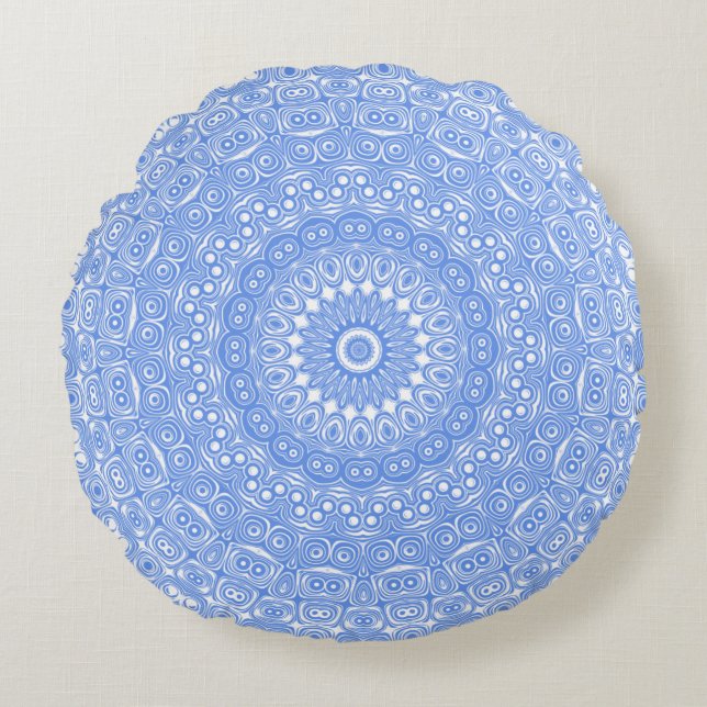 Almofada Redonda Simetria de Mandala Azul Centáurea (Frente)