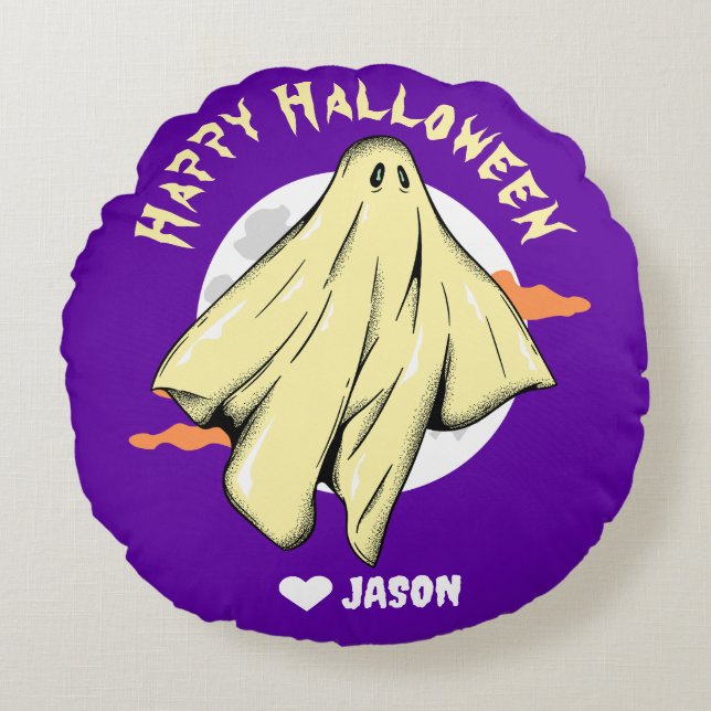 Almofada Redonda Simples Feliz Fantasma Louco de Halloween (Frente)