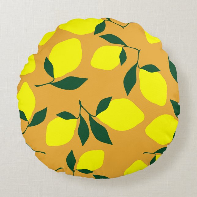 Almofada Redonda Simples padrão de limão, fundo laranja. (Frente)