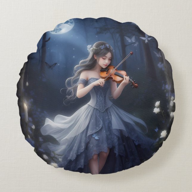 Almofada Redonda Sinfonia de Lua - Garota Violina Sonhadora (Frente)