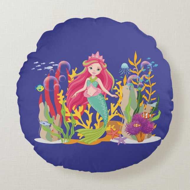 Almofada Redonda Siren Oceano: Cabelo Vermelho Longo (Frente)