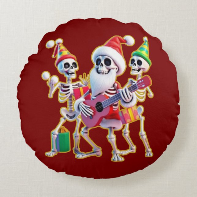 Almofada Redonda **Skeleton 3D Christm Santa Party – Funnyas Skelet (Frente)