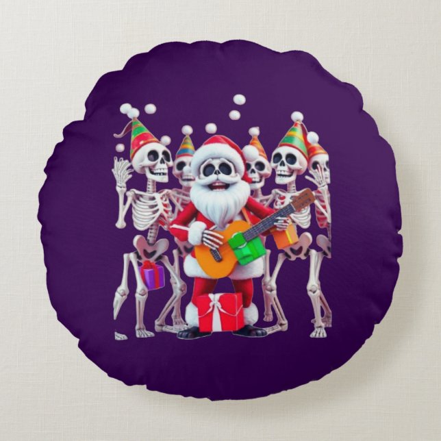 Almofada Redonda **Skeleton Santa Party – Funny 3D Christmas Skelet (Frente)
