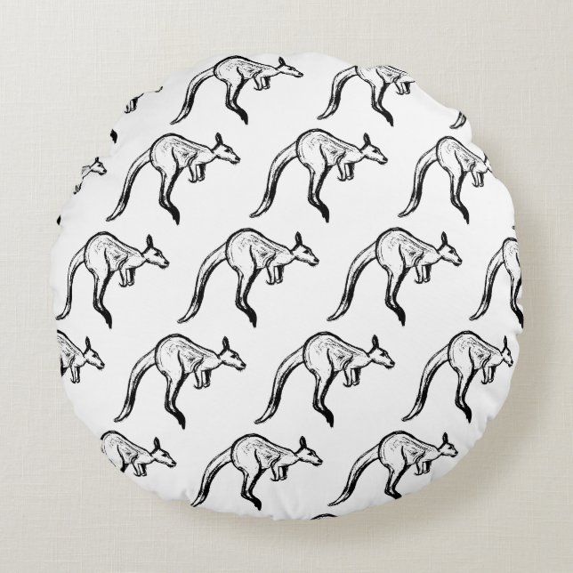 Almofada Redonda Sketch de canguru preto-e-branco saltando (Frente)