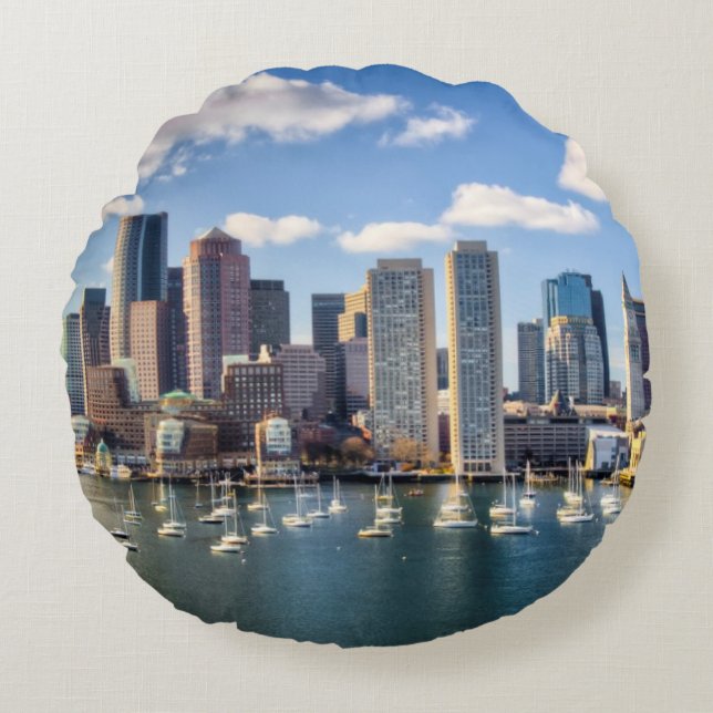Almofada Redonda Skyline de Boston do beira-rio (Frente)