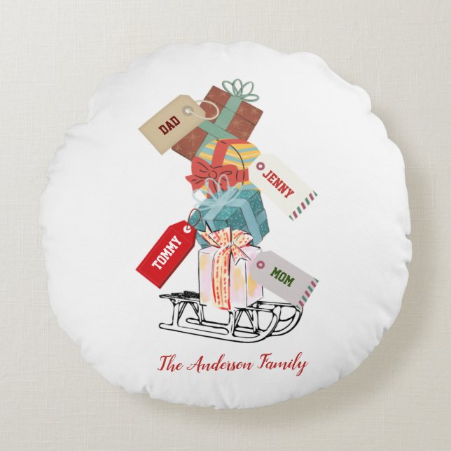 Almofada Redonda Sled de Natal Presente Vermelho Branco Cuta Kawaii (Frente)