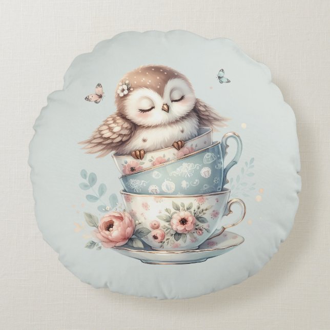 Almofada Redonda Sleeping Owl in Stacked Floral Teacups (Frente)