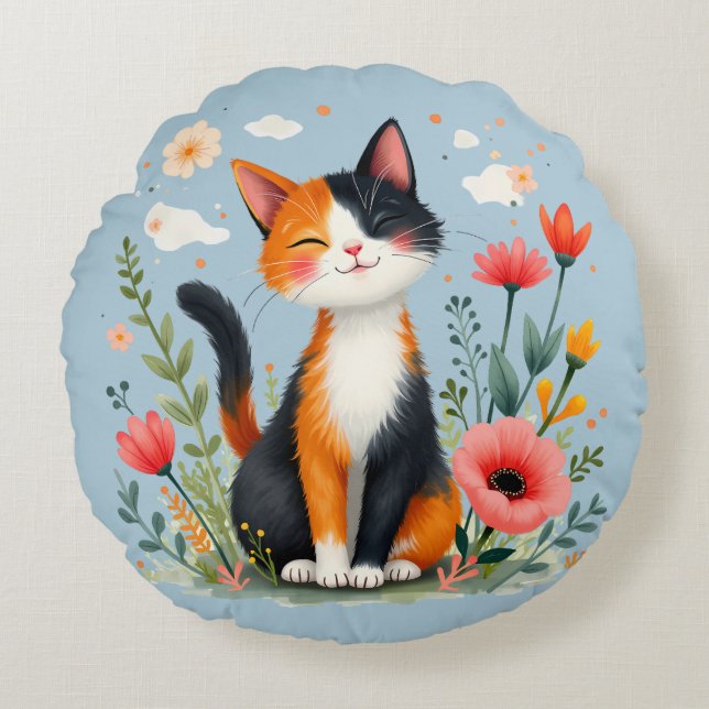 Almofada Redonda Smiling Calico Cat in Blooming Garden (Frente)