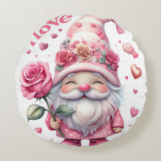 Almofada Redonda Smiling Gnome Holding a Pink Rose 