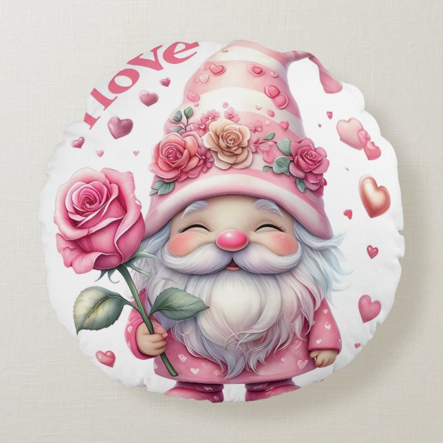 Almofada Redonda Smiling Gnome Holding a Pink Rose  (Frente)
