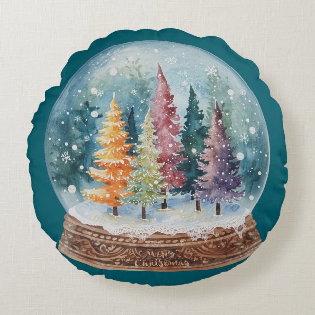 Almofada Redonda Snow Globe Colorful Christmas Tree Forest (Frente)