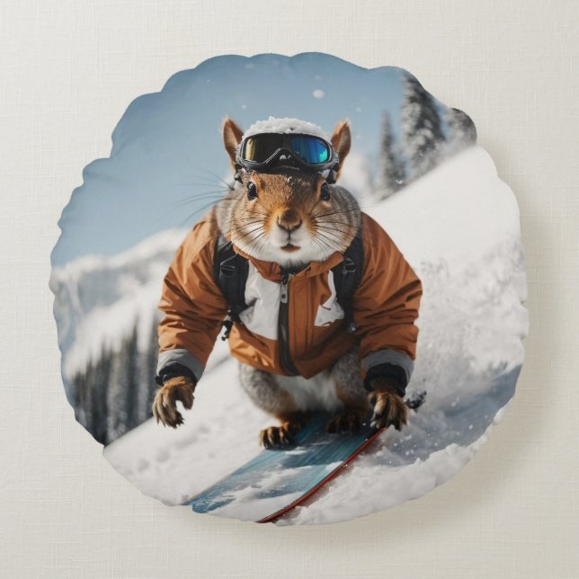 Almofada Redonda Snowboard Squirrel Wintertime Whimsper Animal (Frente)