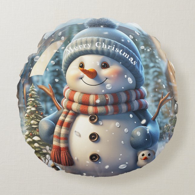 Almofada Redonda Snowman Snowglobe (Frente)