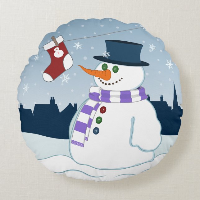 Almofada Redonda Snowman & Stocks de Natal (Frente)