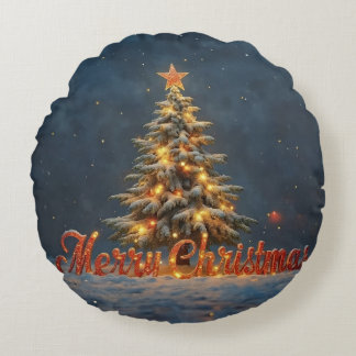 Almofada Redonda Snowy Christmas Tree with Warm Lights