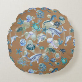 Almofada Redonda Sob o Mar Azul Aquarela em castanho |