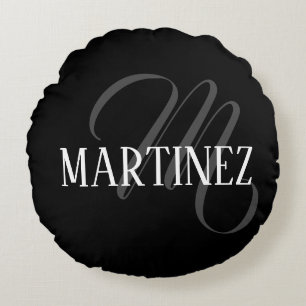 Almofada Redonda Sobrenome Personalizado Elegante Preto Nome