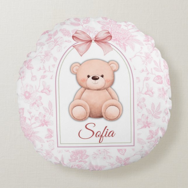 Almofada Redonda Sofia | Design de Enfermeiro de Urso Rosa Personal (Frente)