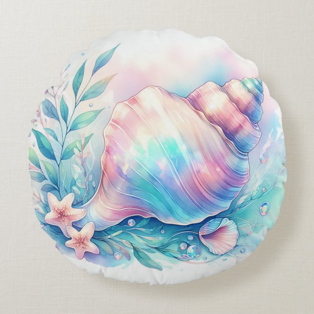 Almofada Redonda Soft Iridescent Pastel Hues Conch Seashell (Frente)