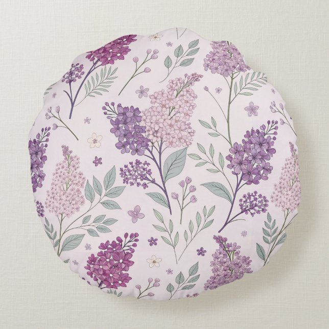 Almofada Redonda Soft Pink and Purple Lilac Floral Pattern   (Verso)