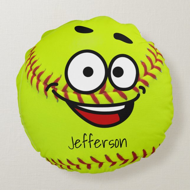 Almofada Redonda Softbol amarelo personalizado rosto engraçado (Verso)