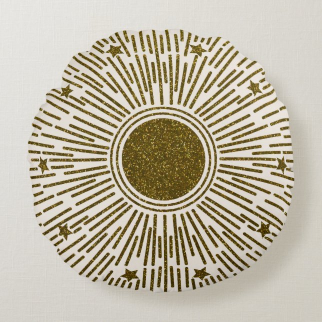 Almofada Redonda Sol de ouro, raios de safra. (Frente)