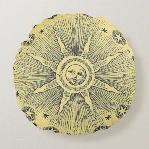 Almofada Redonda Sol venenoso e estrelas céu medieval celeste draw