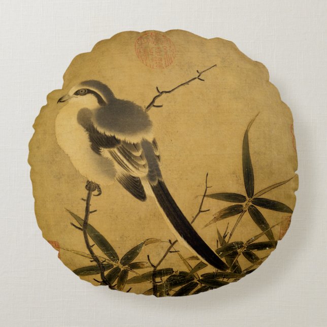 Almofada Redonda Song Dynasty Bamboo & Shrike Bird (Frente)