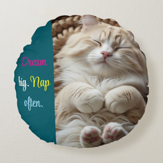 Almofada Redonda Sonhe Grande. Almoço redondo com frequência (Frente)