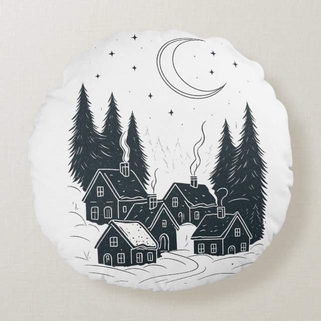 Almofada Redonda Sonho da Noite de Natal - Inverno Duplo Lado (Frente)