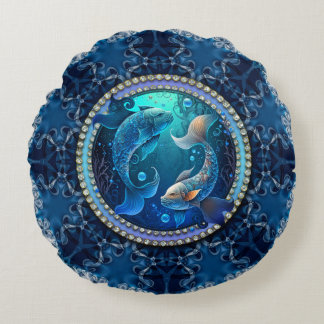 Almofada Redonda Sonhos místicos de Peixes Fractal Renda Lua Nova