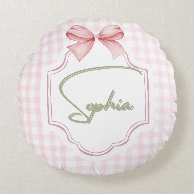 Almofada Redonda Sophia Personalizada de Arco Rosa & Gingham Impres (Frente)
